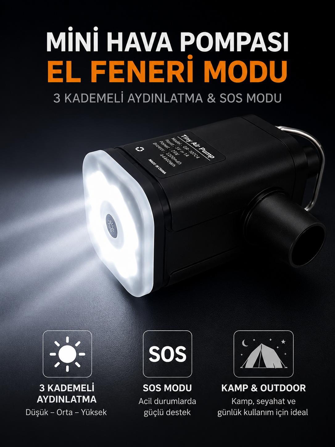 Şarjlı Mini Elektrikli Hava Pompası 1200 mAh - Şişirme & Vakum Özellikli - 3 Mod LED Kamp Lambası ve El Feneri - 5 Başlıklı - Görsel 4