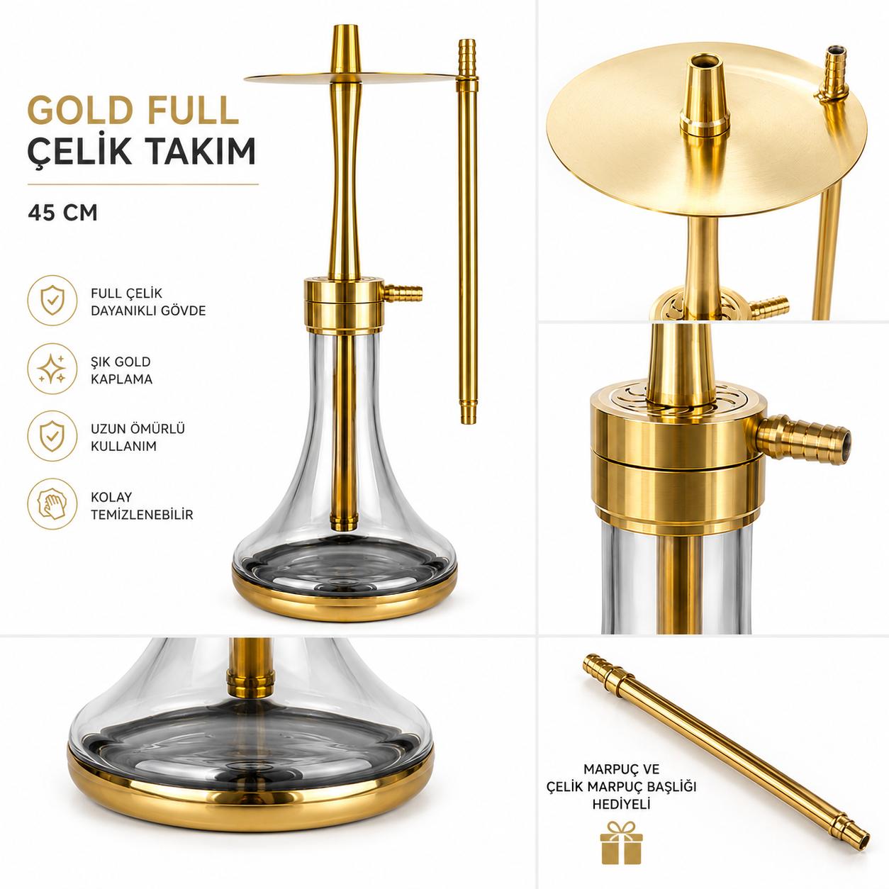 Gold Full Çelik Nargile Takımı 45 cm | Füme Cam Vazo | Marpuç ve Çelik Marpuç Başlığı Hediyeli - Görsel 3