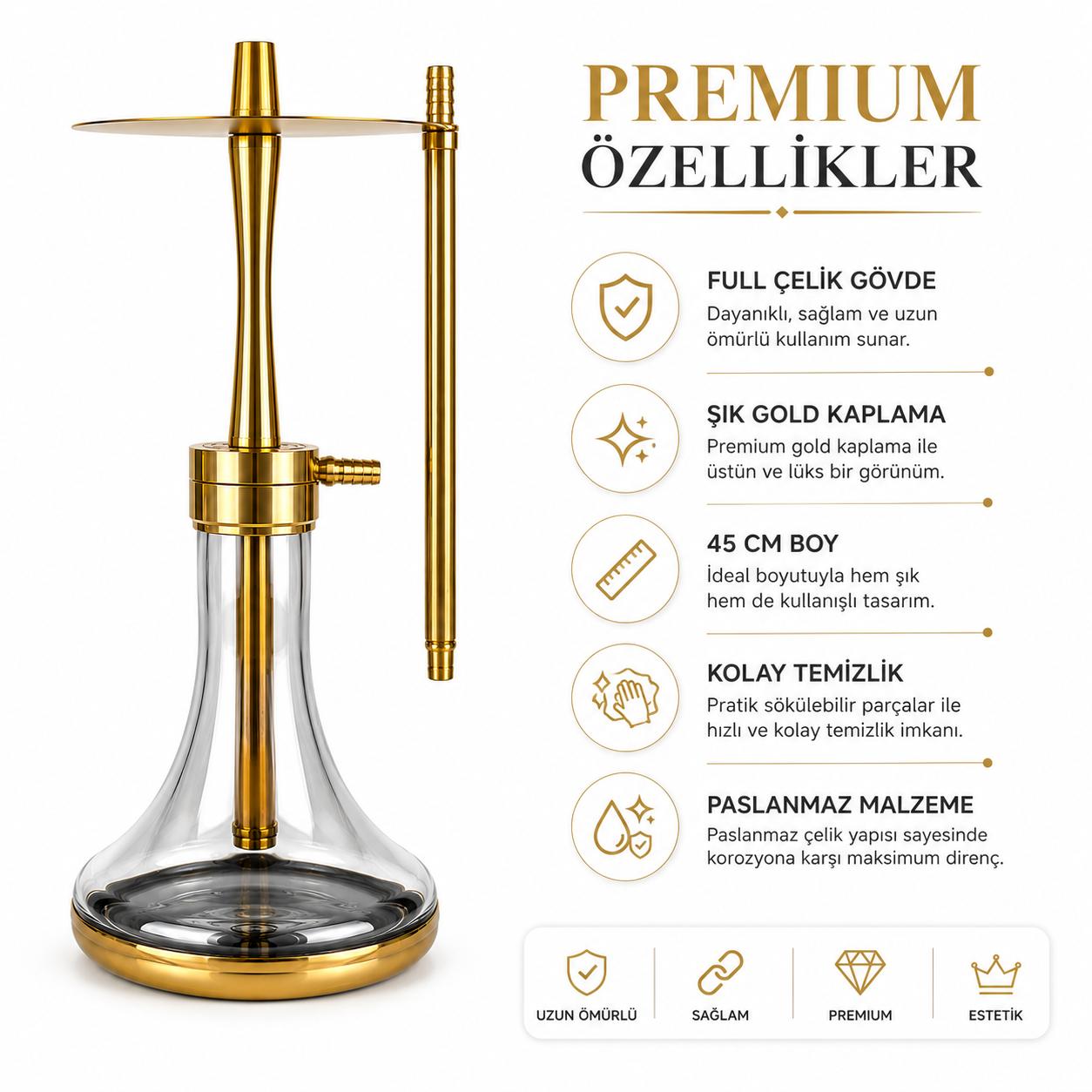 Gold Full Çelik Nargile Takımı 45 cm | Füme Cam Vazo | Marpuç ve Çelik Marpuç Başlığı Hediyeli - Görsel 4