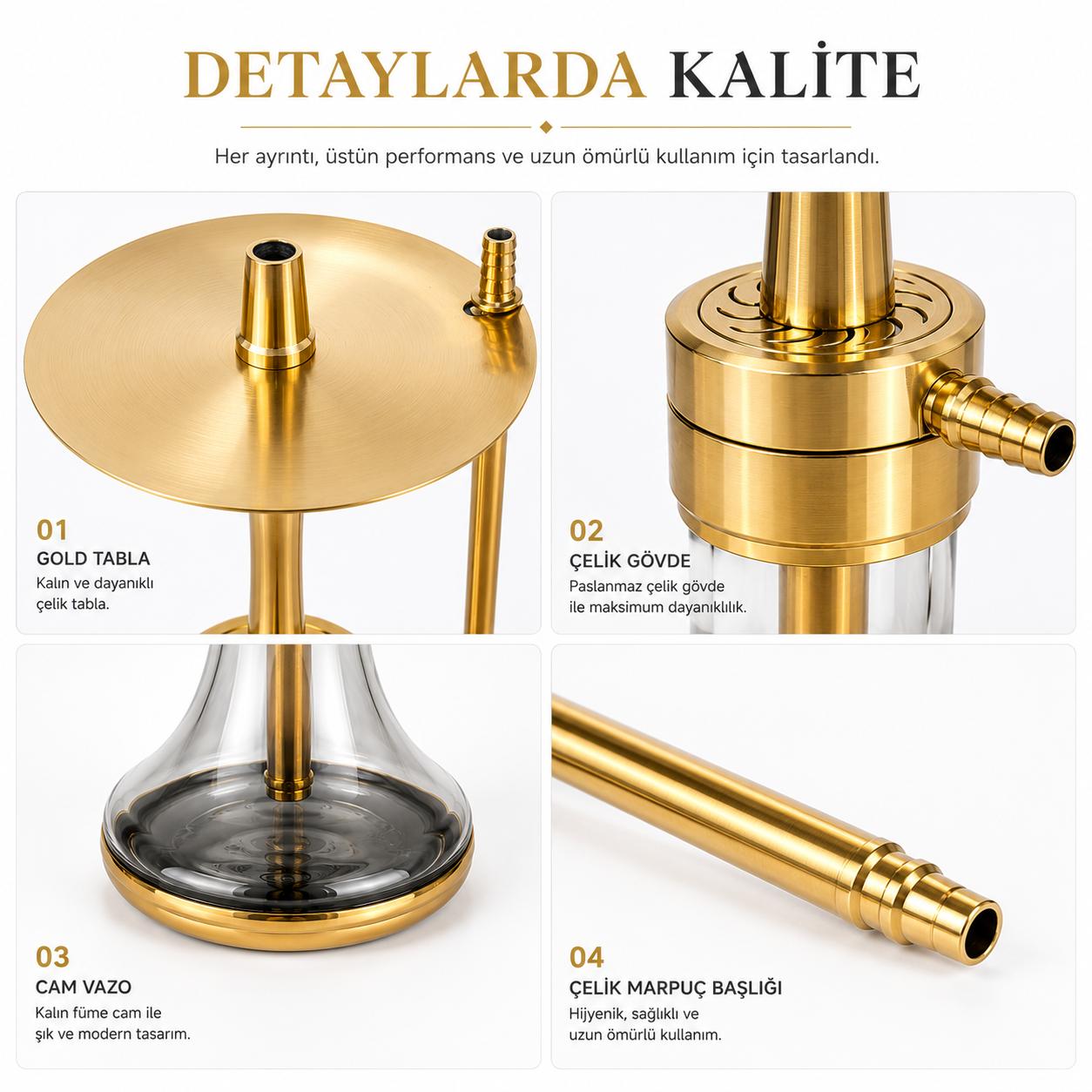 Gold Full Çelik Nargile Takımı 45 cm | Füme Cam Vazo | Marpuç ve Çelik Marpuç Başlığı Hediyeli - Görsel 2