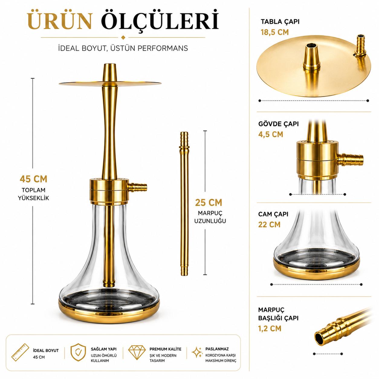 Gold Full Çelik Nargile Takımı 45 cm | Füme Cam Vazo | Marpuç ve Çelik Marpuç Başlığı Hediyeli - Görsel 5