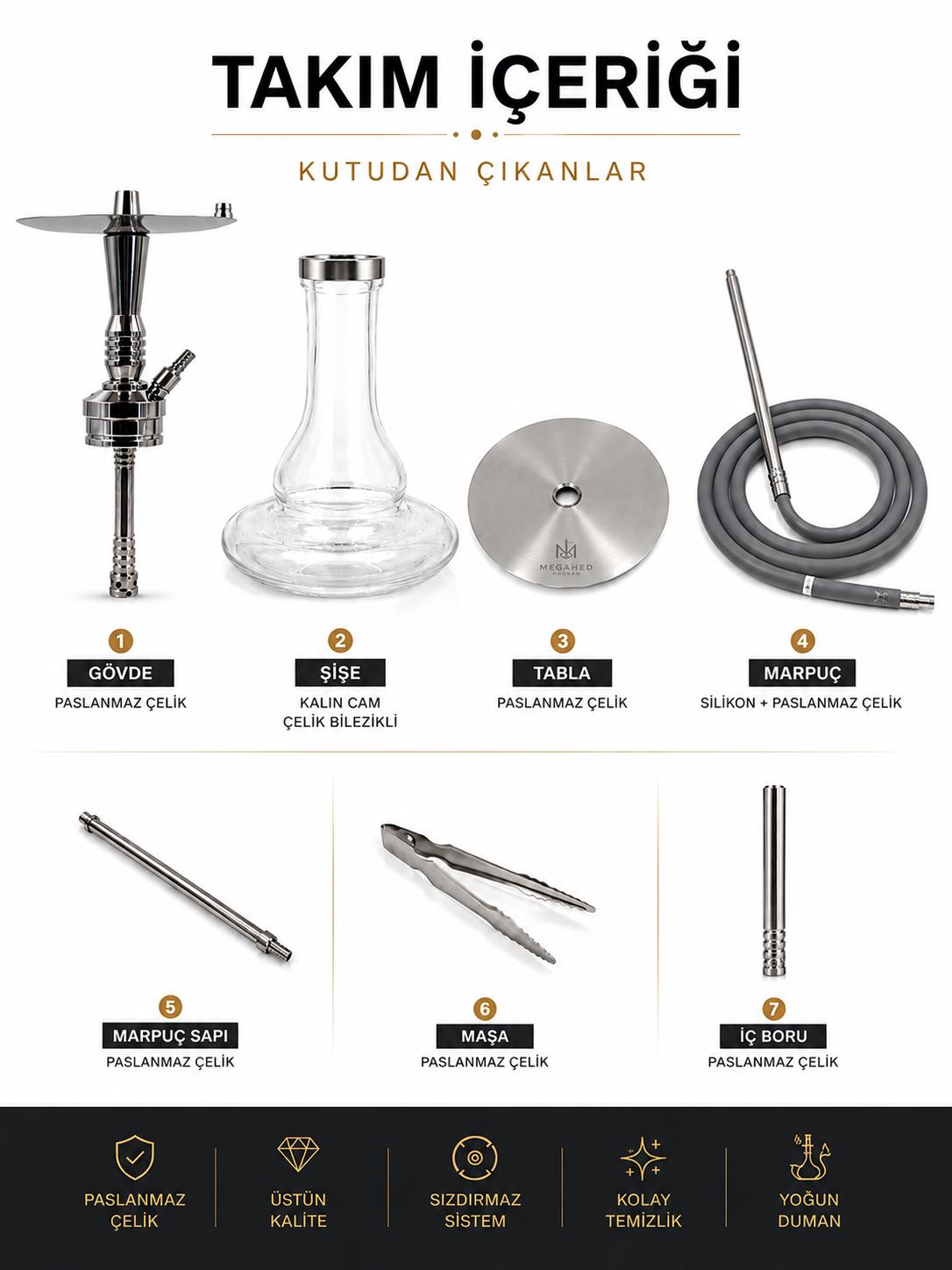 Megahed Hookah G-106 Romeo 42 cm Paslanmaz Çelik Nargile Takımı - Görsel 5