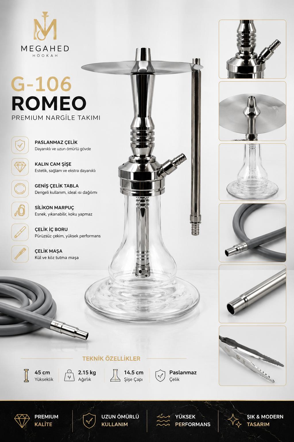 Megahed Hookah G-106 Romeo 42 cm Paslanmaz Çelik Nargile Takımı - Görsel 2